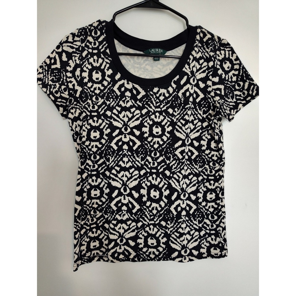 Lauren Ralph Lauren Womens Black White Ikat Print Cotton Scoop Neck T-Shirt M